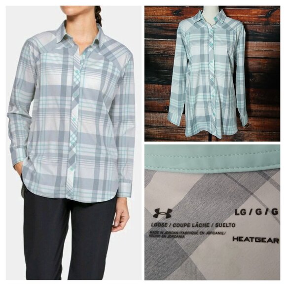 UA Under Armour Top Womens L High Tide Heatgear Active Shirt Plaid Button Front - Picture 1 of 9